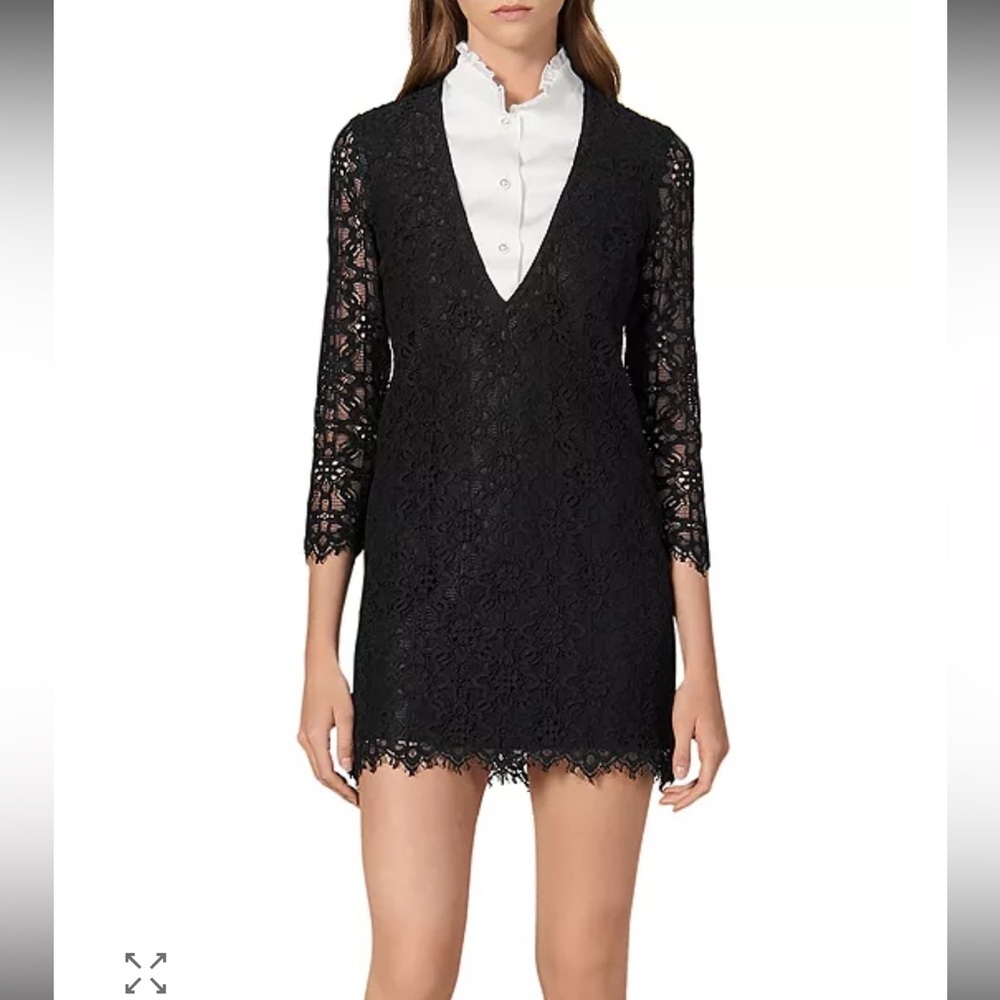 Sandro Black Lace V-Neck Shift Dress with White Collar, size 36